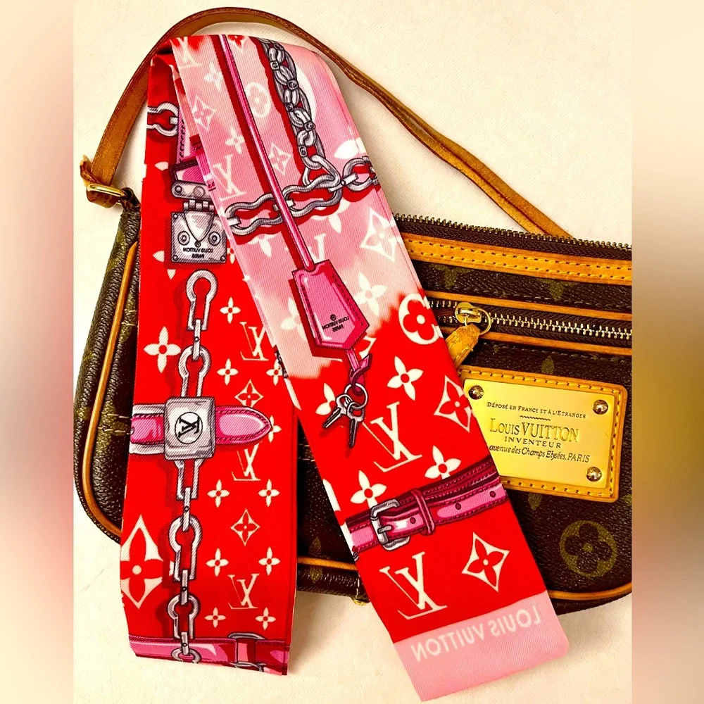 Red and Pink Iconic Monogram Print Twilly Bandeau Wrap Scarf